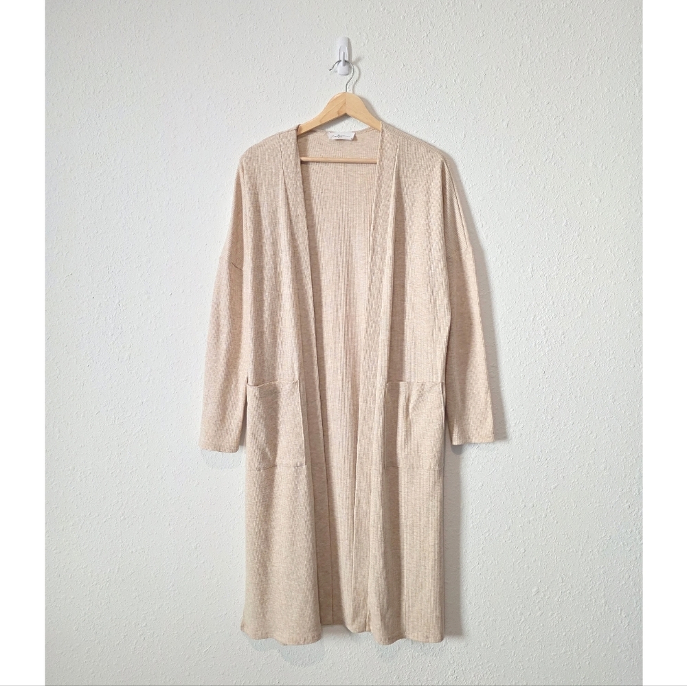 Carly Jean Neutral Long Ribbed Cardigan S